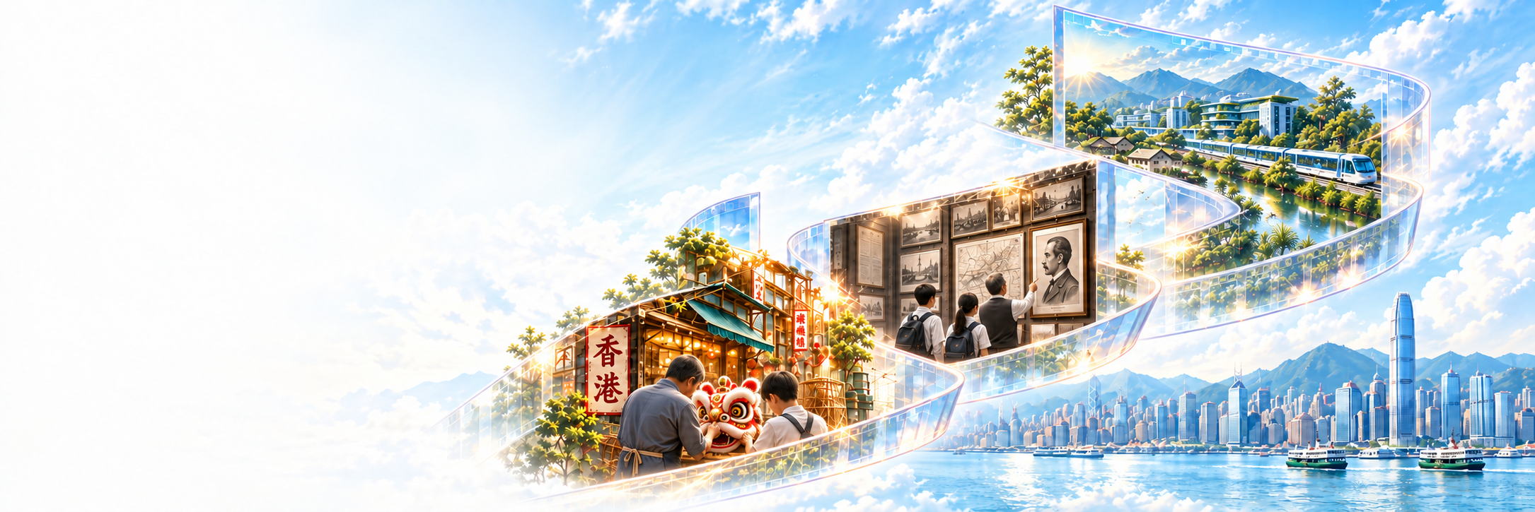 依海報設計的 S 形透明菲林,串連傳統工藝店舖、歷史展館及綠色校園。